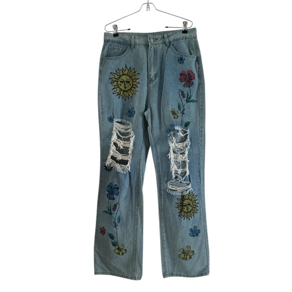 SHEIN Sun and Flowers Graphic Distressed Jeans sz Large - Picture 1 of 10